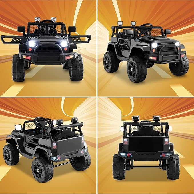 Costzon Ride on Car, 12V Battery Powered Truck Vehicle with Remote Control, Spring Suspension, Headlights, Music, Horn, MP3, USB & Aux Port, Gift for Boys Girls, Electric Car for Kids (Black)