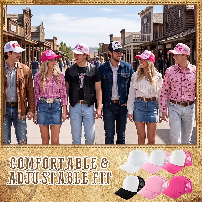 Hercicy DIY Trucker Hats Kit, 12 Pack Sublimation Blank Baseball Caps with Embroidered Patches DIY Craft for Party(Western Cowgirl,Pink Aesthetic Mix)