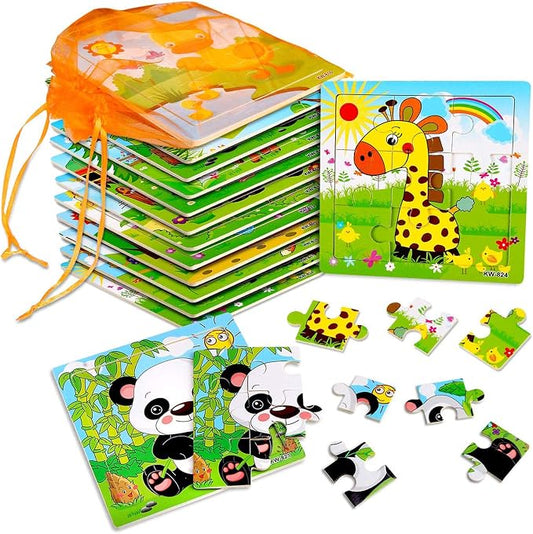 SANNIX 12 Pack Jigsaw Puzzles for Toddlers Wooden Animals Jigsaw Puzzles 9 pcs with 12 Organize Bags for Kids Ages 3 Preschool Educational Puzzles Learning Travel Toys for Boys and Girls