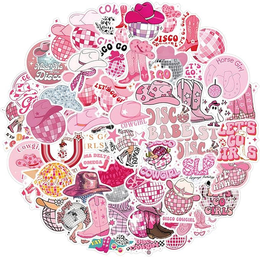 QTL Pink Disco Cowgirl Stickers for Girls Teens, Western Cowgirl Party Supplies, Waterproof Vinyl Stickers for Water Bottles and Laptop, 50PCS