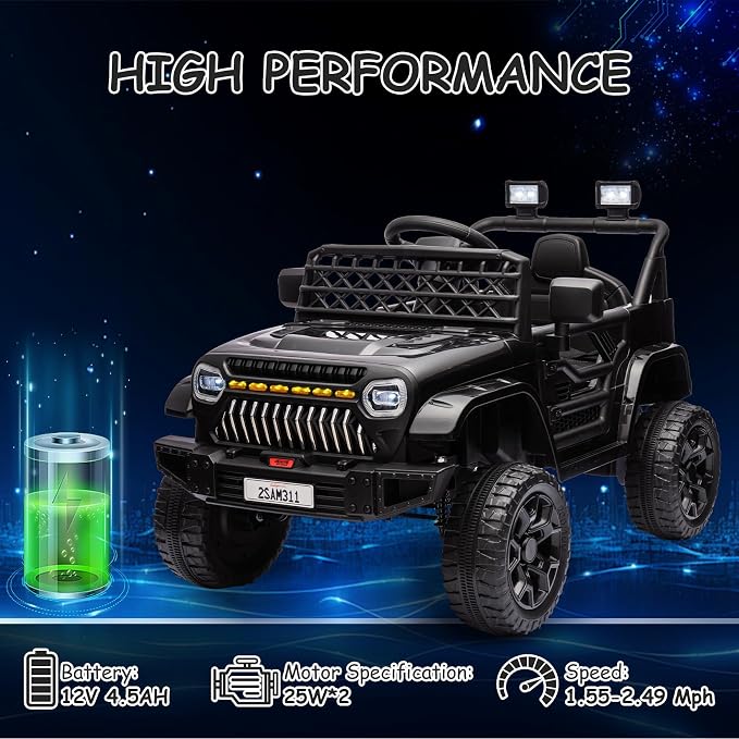 GarveeLife 12V Kids Ride On Truck Electric Vehicle Battery Powered Car Toddlers Ride On Toy for Boys Girls with Remote Control, 4-Wheel Suspension, Battery Display, LED Lights, Music, Black