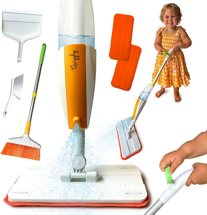 Quiggly Toddler Toy Cleaning Set - Spray Mop, Broom, Dustpan, for Kids 3-5 | Plus brush, two-hand hold & pull, Montessori cleaning 4-piece tool kit