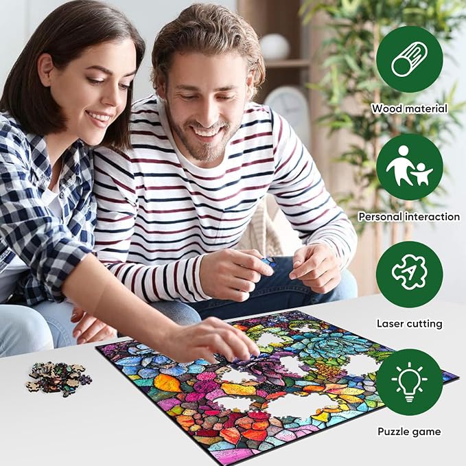 Delobi Stained Glass Puzzles for Adults 500 Pieces Succulent Wooden Puzzles, Unique Challenging Jigsaw Puzzles Gift for Friends Family Game Medium Size 15.9'' x15.9''