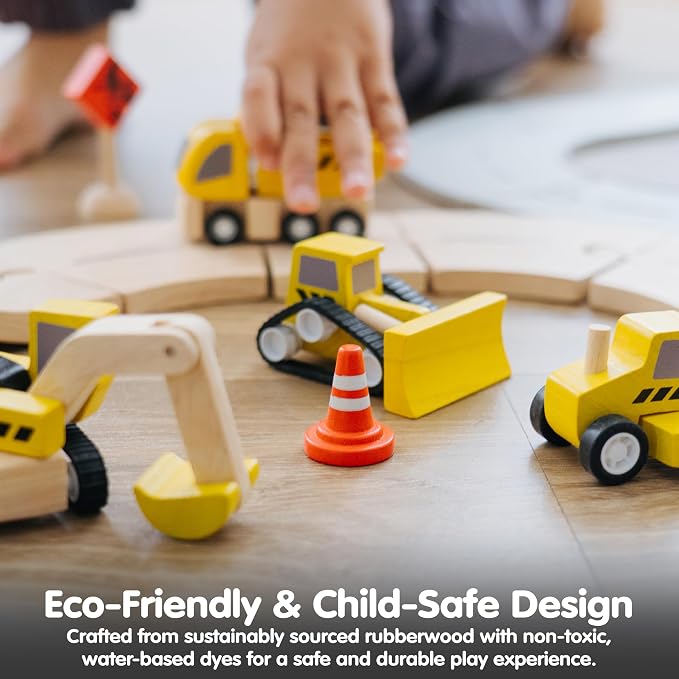 PlanToys® Road Construction Set Wooden Montessori Imaginative and Fine Motor Play Toy | Coordination, Creativity and Social Skill Building Activity | Eco Friendly Vehicle Set for Open Ended Play