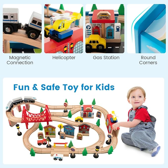 Costzon Train Table, 80 Pcs, Wooden Kids Activity Table Playset with Reversible & Detachable Tabletop, Solid Wood Tracks, Train, Railway, City, DIY Design, Gift for Boys & Girls, Multi-Color