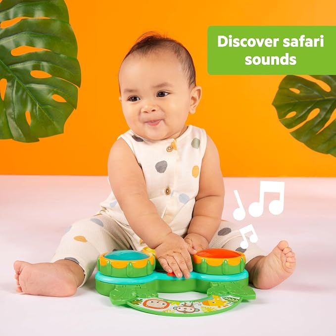 Bright Starts Safari Sounds Gift Set, 2-PK Baby Toys for On the Go, Musical Drum Toy and Car Keys Toy with Car Sounds, Unisex Jungle Theme, 3-6 Months and Up
