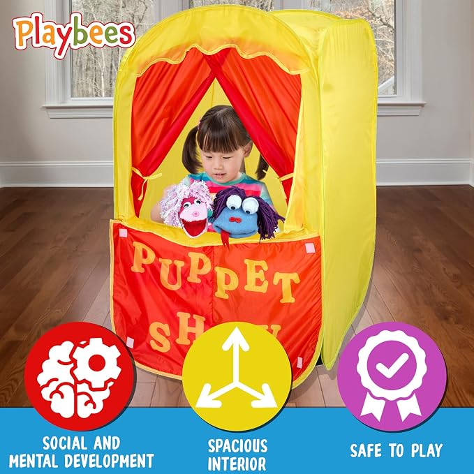 Puppet Theater for Kids, 2-in-1 Puppet Show & Lemonade Stand Pop-Up Play Tent - Playbees Foldable Theater Stage, Indoor Outdoor Pretend Play, Ages 2+, 28x20x41 in with Carry Bag, Toddler Gift