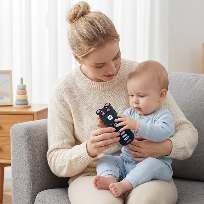 SOLIFEGOBLE Remote Control Teether for Babies 3-18 Months, Cute Pig-Shaped Silicone TV Remote Teething Toy, BPA-Free Soft Chew Toy with Textured Buttons, Teething Relief for Infants Boys Girls (Black)