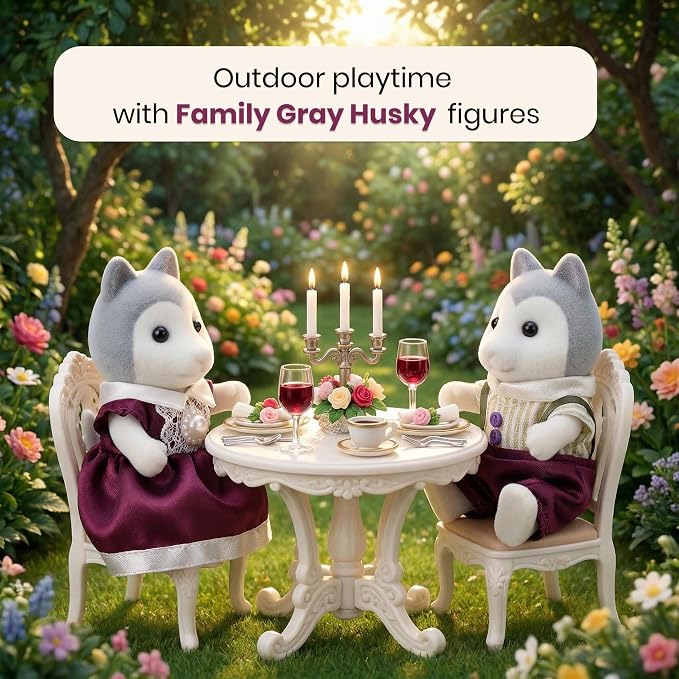 Family Gray Husky Figures — Set of 2 Collectible Flocked Mini Dolls with Removable Clothes, Dollhouse Pretend Play Set for Kids Ages 3+