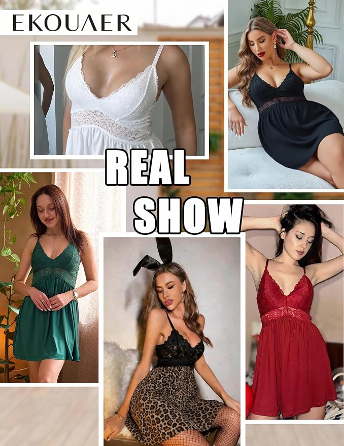 Ekouaer Lingerie for Women Sexy Nightgown Lace Trim Sleep Dress Chemise Nightgowns Sleeveless Night Gown Sleepwear S-3XL