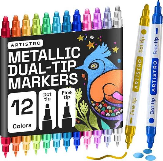 ARTISTRO 12 Metallic Dual-Tip Acrylic Paint Markers – Paint Pens Set with Dot & Fine Tips for Fabric, Rock, Glass, Wood, Coloring Books – Arts & Crafts Gift – Classroom Must Haves & School Supplies
