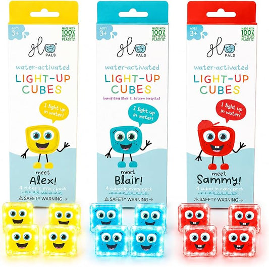 Glo Pals Water-Activated Light-Up Sensory Bath Toy Cubes for Bathtime and Sensory Play, Vibrant Light-Up Colored Cubes for Kids and Toddlers, Glows Red, Blue, and Yellow, Pack of 12
