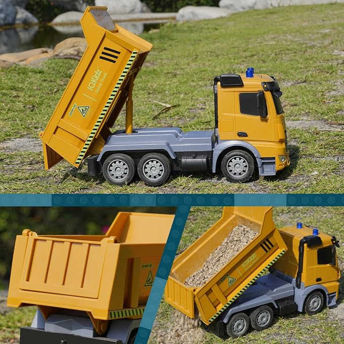 IQKidz Remote Control Dump Truck Toys - RC Construction Vehicles with Blue Warning Lights, Trucks Toy for Boys Girls 3 4 5-7 8 9 10 Year Old and Up, Best Birthday Gift Ideas for Kids Age 5-10
