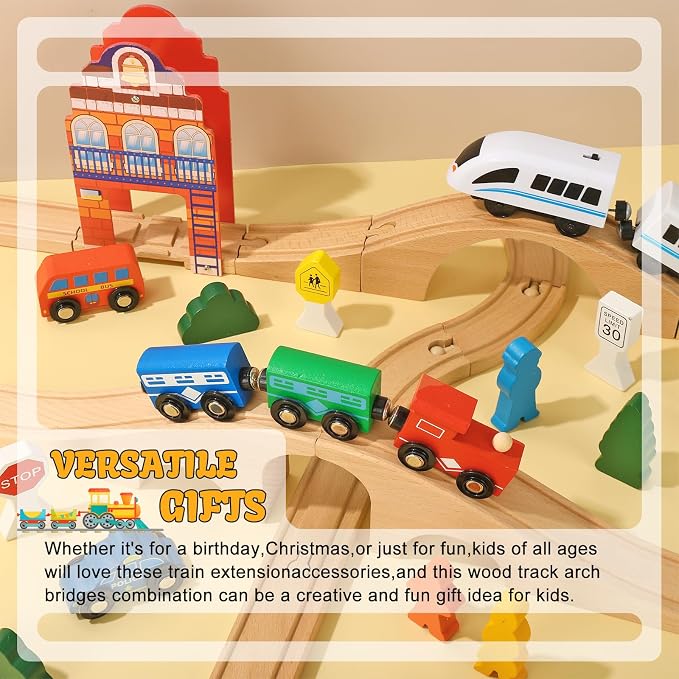 JarThenaAMCS 8 Pcs Wood Train Track Expansion Set Wooden Train Bridges Straight Wooden Train Track Accessories for Most Major Toy Train Tracks Railway