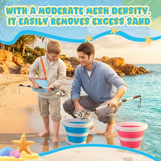 Silipull 8 Pcs Beach Toys Shell Collecting Set Sand Toys Include 2 Beach Mesh Bag 2 Sand Sifter 2 Mesh Shovel Scoop 2 Foldable Bucket Shark Tooth Sifter for Kids Vacation Essentials