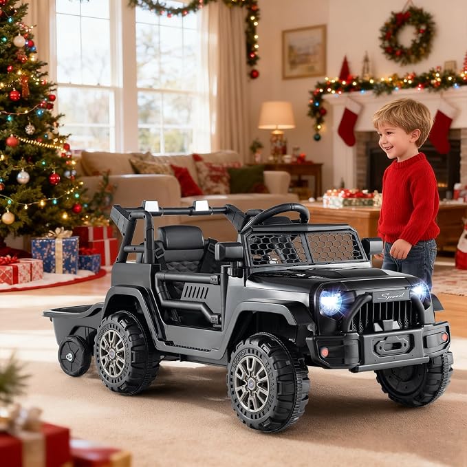 Costzon Ride on Car with Detachable Trailer, 12V Battery Powered Ride on Truck with Parent Remote Control, Light & Music, Electric Vehicle Kids Car Toy for Boys & Girls (Black)