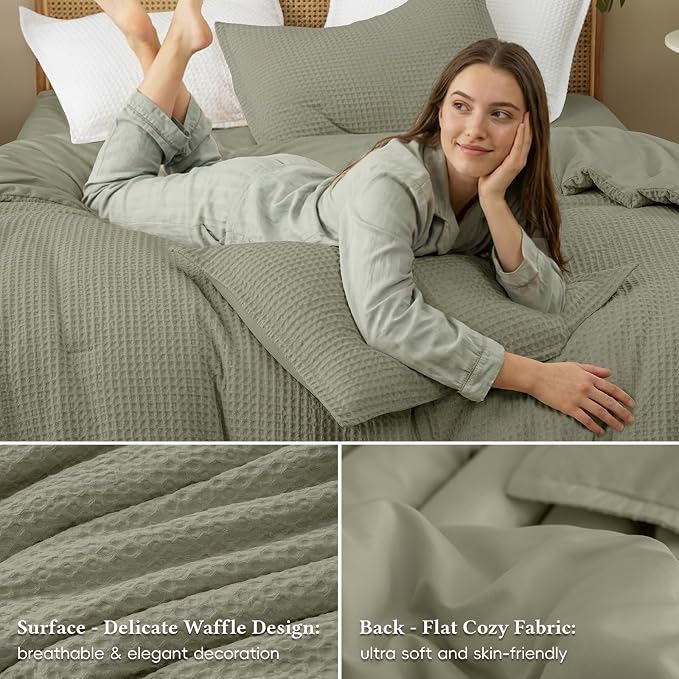 David's Home Waffle Weave Comforter Set 2PCS Twin Size, Soft Breathable Lightweight Cozy Skin-Friendly Warm for All Season, Elegant Aesthetic Home Decor Bedding Set with Pillow Shams, Dusty Sage