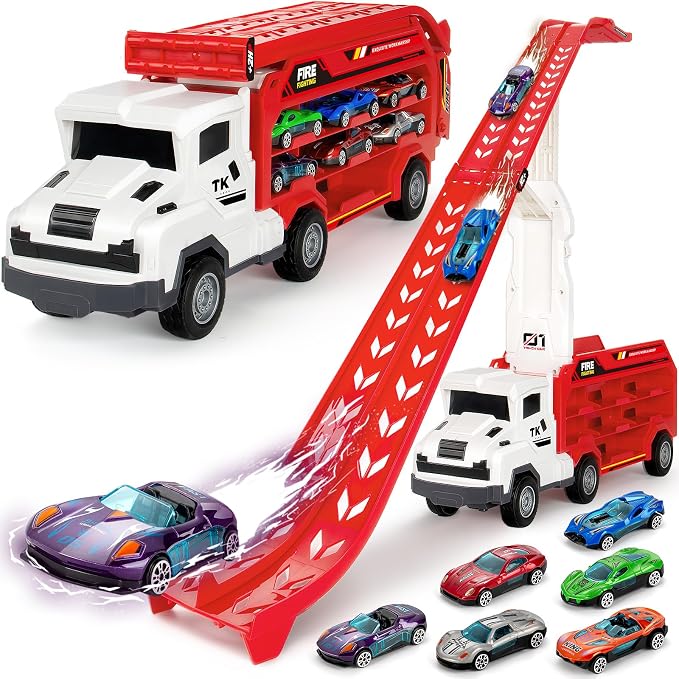 Bstoyder Kids Toys for 3 4 5 6 7 8 Years Old Boys, Carrier Truck Transport Car Toys, Foldable 2 Layer Car Race Track Playset with 25-in Race Track, 6 Metal Toy Cars, Birthday Toy Gift for Toddler-Red