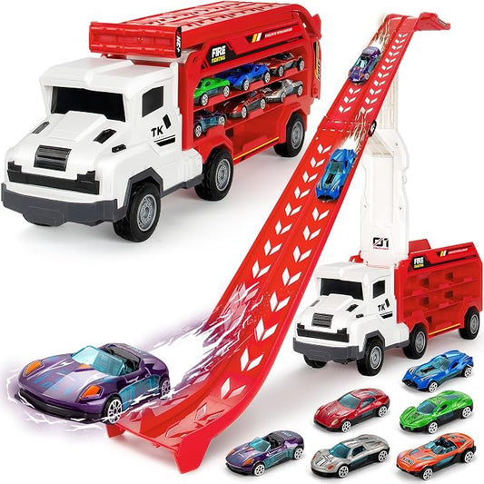 Bstoyder Kids Toys for 3 4 5 6 7 8 Years Old Boys, Carrier Truck Transport Car Toys, Foldable 2 Layer Car Race Track Playset with 25-in Race Track, 6 Metal Toy Cars, Birthday Toy Gift for Toddler-Red
