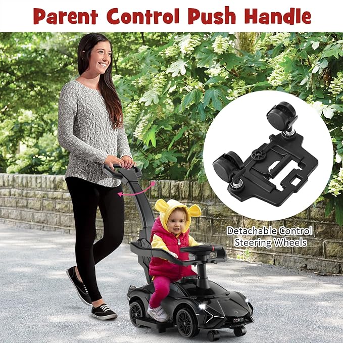 INFANS 3 in 1 Ride on Push Car, Licensed Lamborghini Baby Stroller Sliding Walking Car with Push Handle, Music, USB, Headlight, Under Seat Storage, Kids Foot-to-Floor Toy for 18-60 Months (Black)