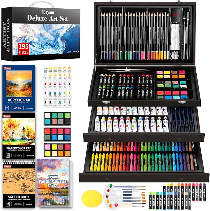 iBayam Deluxe Art Set,195-Pack Artist Gift Box, Arts and Crafts Drawing Painting Kit Art Supplies for Adults Teens Kids, Art Kits with 24 Acrylic Paint, Sketchbook, Canvases, Crayons, Pencils