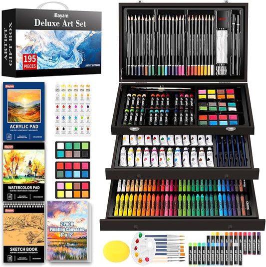 iBayam Deluxe Art Set,195-Pack Artist Gift Box, Arts and Crafts Drawing Painting Kit Art Supplies for Adults Teens Kids, Art Kits with 24 Acrylic Paint, Sketchbook, Canvases, Crayons, Pencils