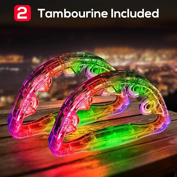 Light Up Tambourines for Adults, Sensory Toys for Kids with Autism，Musical gifts and Karaoke toys for special needs kids, Fun Neon Glow for Birthdays & Concerts (2 PCS)