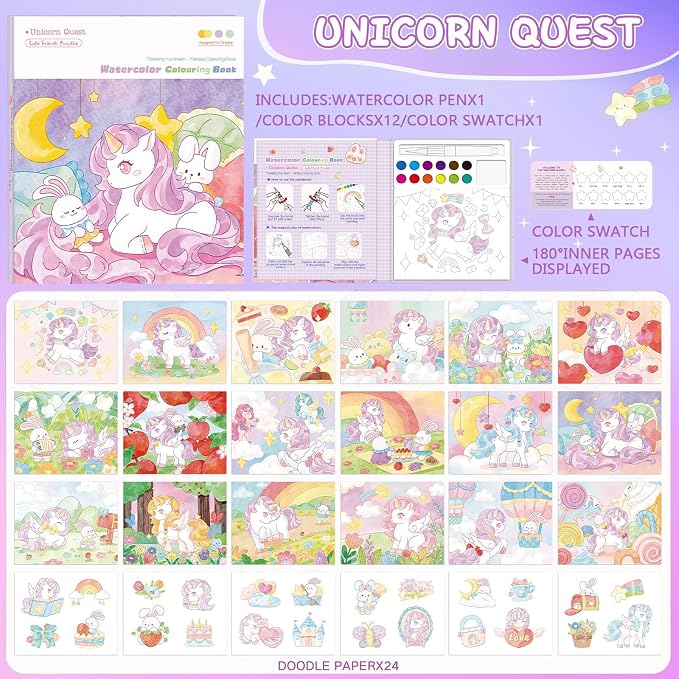 Accevo Paint with Water Coloring Books for Toddlers, Unicorn Theme Mess Free Watercolor Painting Papers for Kids Water Color Paint Kit Art and Craft Toys Birthday Christmas Gift for Ages 3-5, 4-8
