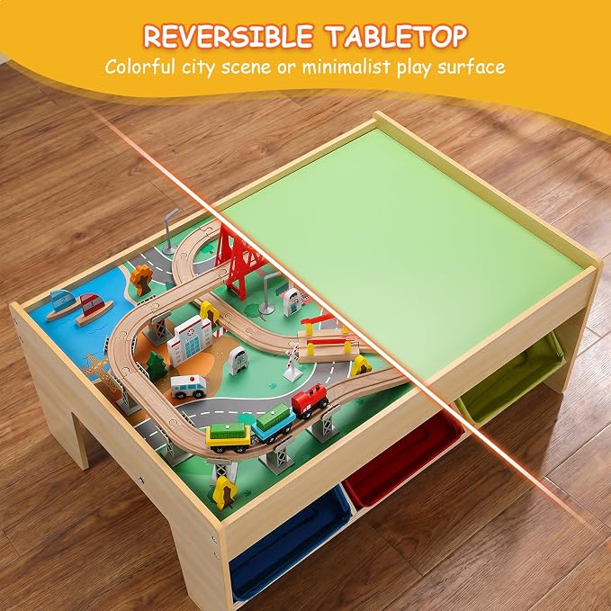 SainSmart Jr. Wooden Train Table – Kids Play Table with Built‑in Storage & Wooden Train Set | Toddler Activity Table Set for Ages 3+, Compatible with Major Wooden Train Brands