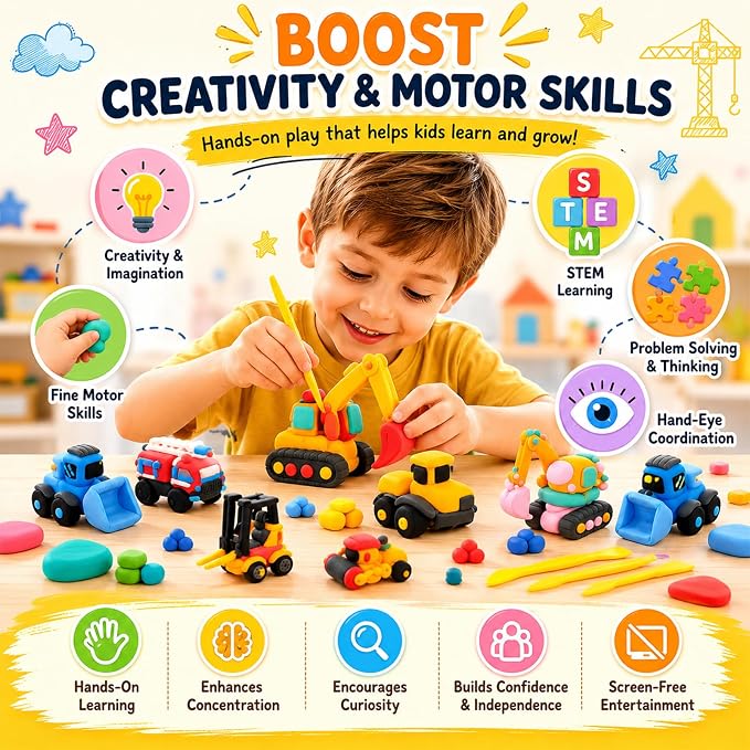 Air Dry Clay Kit for Kids – 12 Pack Construction Vehicles Modeling Clay Set | DIY Art Crafts with Sculpting Tools & Tutorials, Ultra Light Soft Magic Clay Car, Birthday Party Favors for Boys Girls