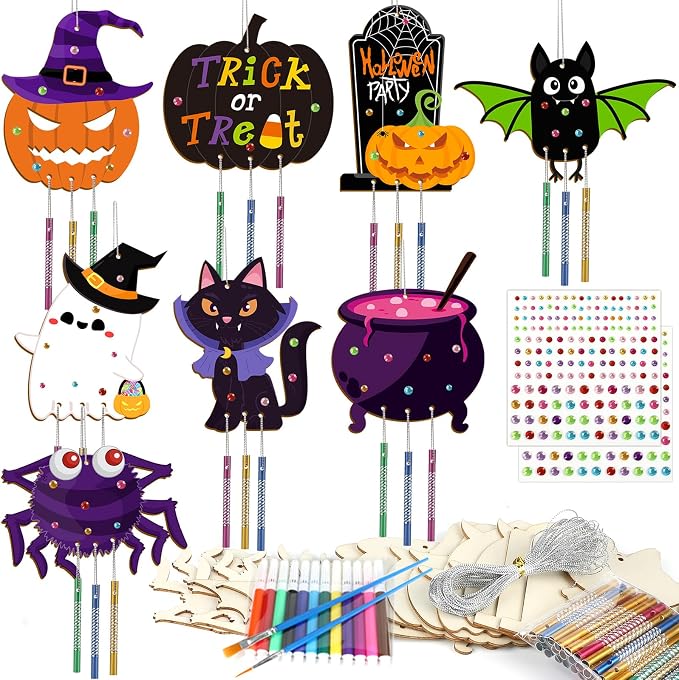 gisgfim 16 Pack Halloween Wind Chime Kits Crafts for Kids Make Your Own Ghost Wind Chime Wooden DIY Arts and Crafts for Halloween Party School Classroom Decoration Supplies Birthday Favors