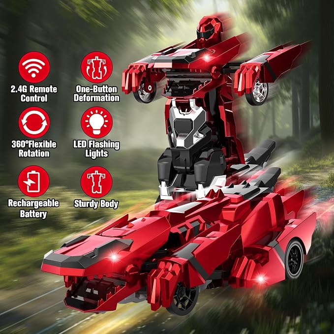 Kroyedfuw Dinosaur Transform Rc Cars, 2.4Ghz Remote Control Car Transforming Robot with Flashing Light, 360° Rotation One Button Deformation Car Toy Gifts for Boys Age 4-7 8-12
