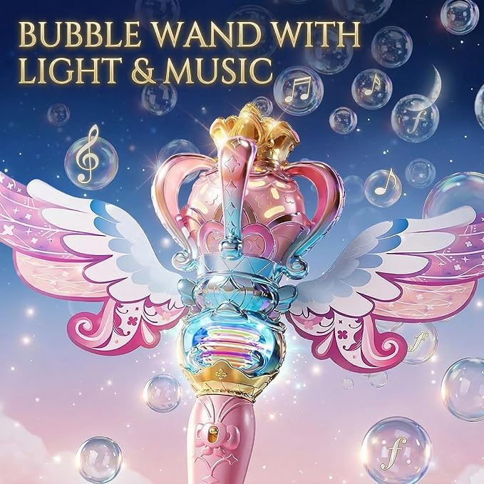 Uregoio 2 Pack Princess Bubble Wands Machine for Girls with Rotating Design, Outdoor Bubble Maker Toys for Kids Ages 4-8, Rechargeable Light & Music Fairy Wands for Party Birthday(Pink & Purple)
