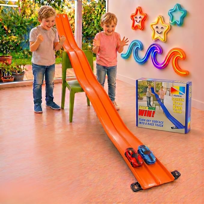 Flexible Race Track for Kids – 4.5M Bendable Dual Lane System, Portable Car Track with Suction Base, Foldable Roll-Up Design for Interactive Play Ages 4–9 (No Cars Included)