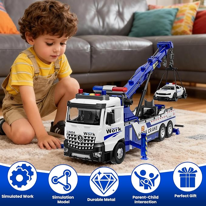 Crane Tow Truck Toy for Car Truck Rescue Police Pickup Road Clearance Vehicle Construction Vehicles Lights Sounds Christmas Birthday Easter Gift for Kids Boys 3 4 5 6 7 8 Years Old Double Hook