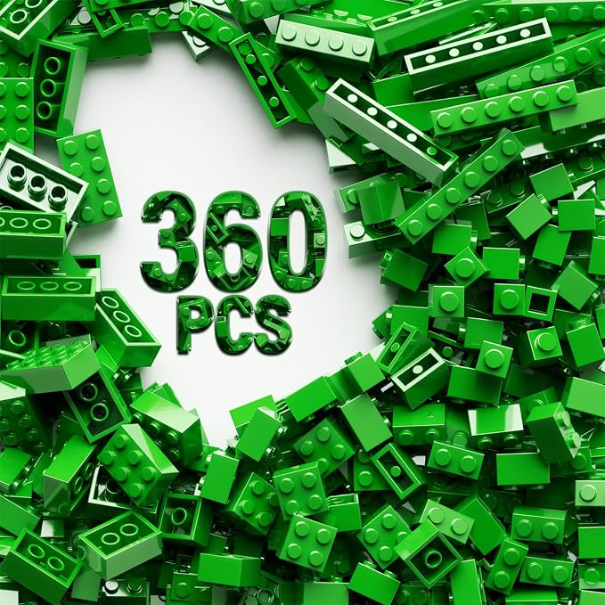 360 Piece Green Classic Building Blocks Bulk, 7 Sizes Building Bricks Assortment Pack, Compatible with Lego Parts and Pieces (Green)
