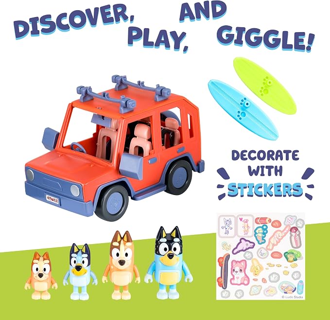 Bluey Heeler 4WD Family Toddler Toy Car with 4 Figures, Surfboards and Sticker Sheet, Pretend Play, Bluey Toys for Kids Ages 3+, Amazon Exclusive