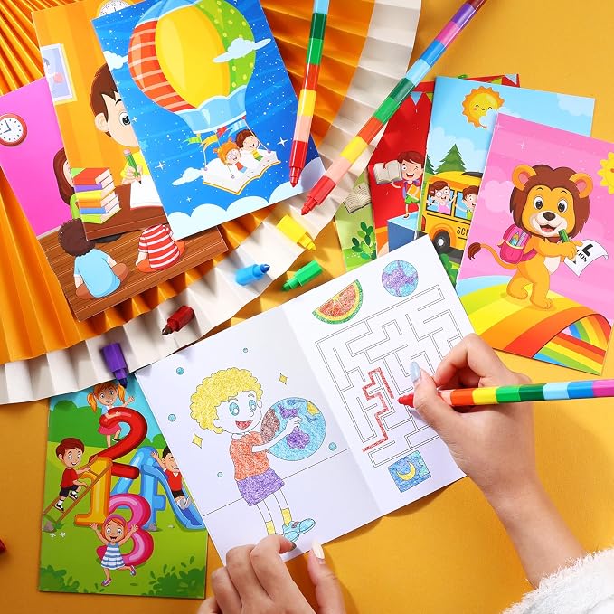 BenLouis 12 Preschool Kindergarten Mini Coloring Books Kids with 12 Stacking Crayons Graduation Party Favors Small Activity Books Bulk for Kids Birthday Return Party Gift Goodie Bag Stuffers