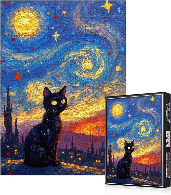Cat Puzzle 1000 Pieces - Starry Night Cat Jigsaw Puzzle Adults, Challenging Brain Teaser for Adults & Families, Animal Puzzles 1000 Piece, Ideal DIY Decor Family Night Game