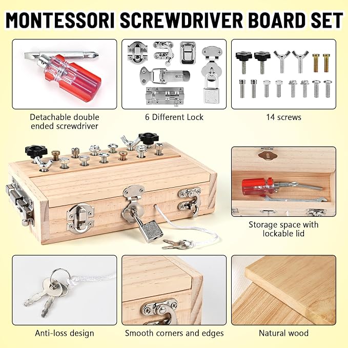 Montessori Screwdriver Board Set, Montessori Toys for 3 4 5 with 1 Locks and Keys, Toddler Screwdriver Toy, Kids Tool Set, Preschool Learning Sensory Toy, Fine Motor Skills Toys