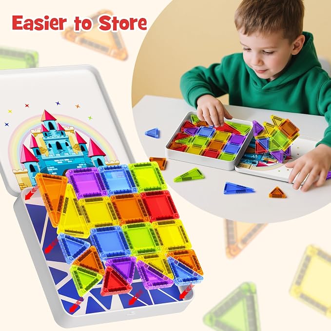 Magnetic Tiles Mini Travel Toddler Set 60pcs Magnetic Blocks Building Kids Toys, Montessori Preschool Classroom Must-Haves Educational Learning Sensory Toys for 3+ Year Old Boys