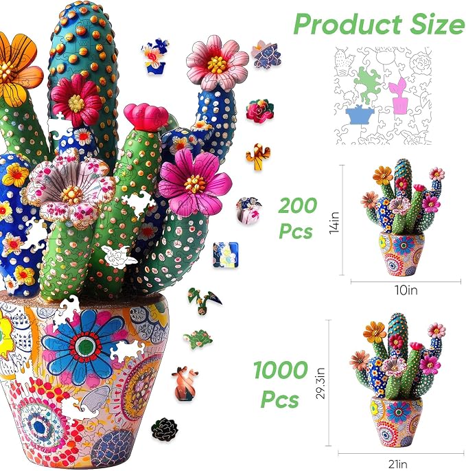 Mys Aurora Puzzles for Adults Cactus Flower Wooden Puzzles, 1000 Pieces Unique Shaped Jigsaw Puzzles, Birthday for Mom Adults, Fun Challenge Family Game 29.3'' x 21''