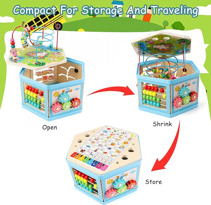 Wooden Activity Cube for 1 Year Old Kids, Educational Learning Bead Maze for Toddler Age 1-3, Developmental Montessori Toys for 12-36 Months Boys Girls Gift