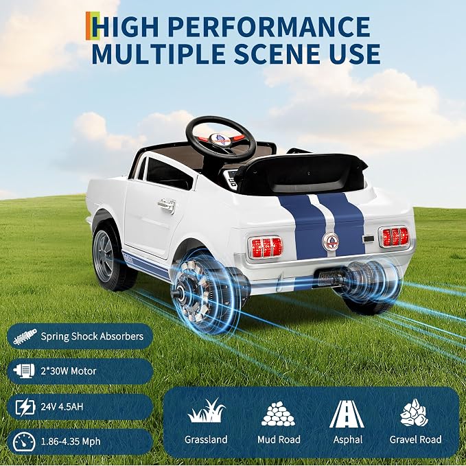 Garvee 24V 2 Seater Ride on Licensed Shelby GT350, Battery Powered Ride on Toys for Kids with Remote Control, Ford Shelby Kids Electric Vehicle 2 Seat, Safety Belt, 2 Speeds, LED Lights, White