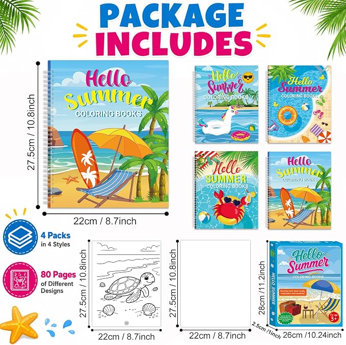 4 Pack Hello Summer Coloring Books 8.6x11 Inch Spiral Bound Coloring Books Bulk Summer Beach Activity Book DIY Crafts for Birthday Gifts Pool Party Favors Hawaiian Tropical Holiday Supplies