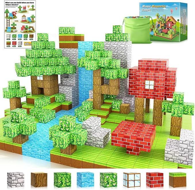 Forest Theme Magnetic Blocks 100pcs STEM Educational Building Cubes | Boys & Girls Age 3-5 6-8 9-11 12-14, Montessori Inspired, Magnet World Construction Set, Child Construction Toys
