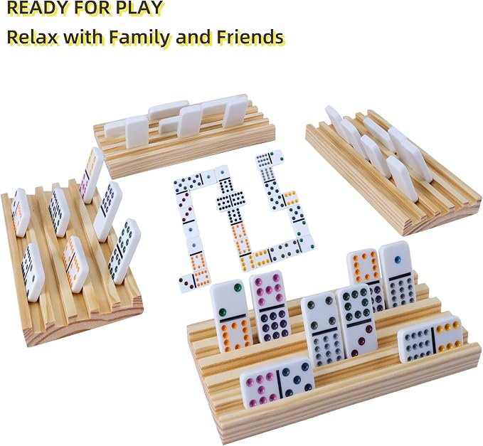 GOTHINK Dominos Set for Adults with 4 Wooden Trays/Racks, Double 6 Dominoes Set with Holders, 28 Tile Colored Dot Dominos Games Set with Case Mexican Train Accessories Board Games for Family