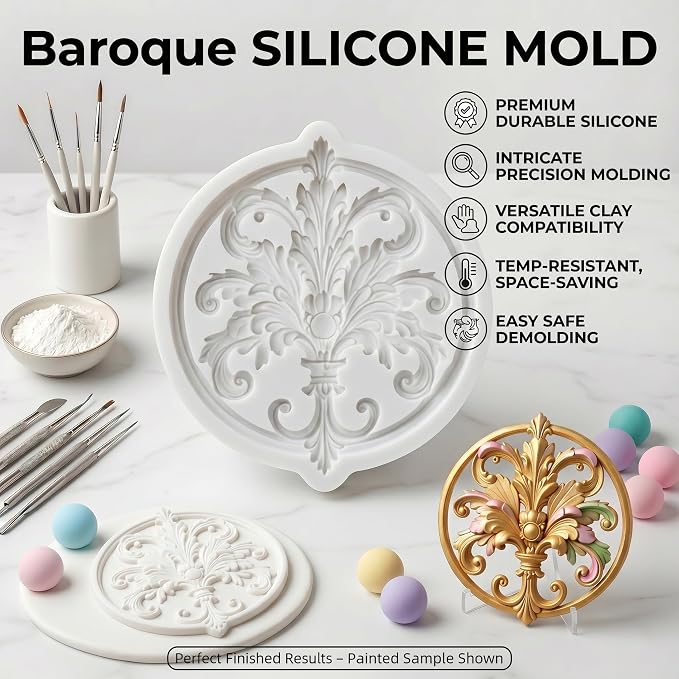Photo Frame Polymer Clay Mold Baroque Scroll Relief Frame Silicone Molds for Jewelry Making Epoxy Resin Casting Air Dry Polymer Clay Craft