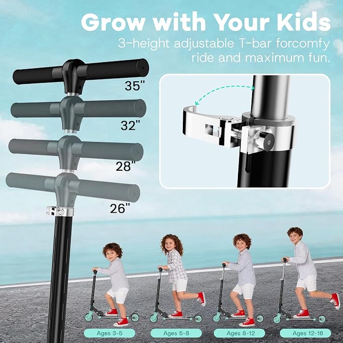 2 Wheel Scooter for Kids 3-12, Light Up Wheels & LED Stem Kick Scooter, Height Adjustable & Foldable Design, Lightweight Sport Scooter for Girls Boys with Kickstand