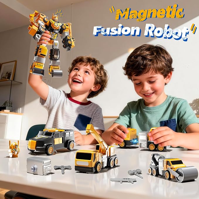 5-in-1 Robot Toys Cars for Kids 3-5, Magnetism Transforming Robots, Detachable Construction DIY Assembling Vehicle Sets, Educational Toys for Boys Girls 3 4 5 6 7 8, Birthday Gifts(Yellow)
